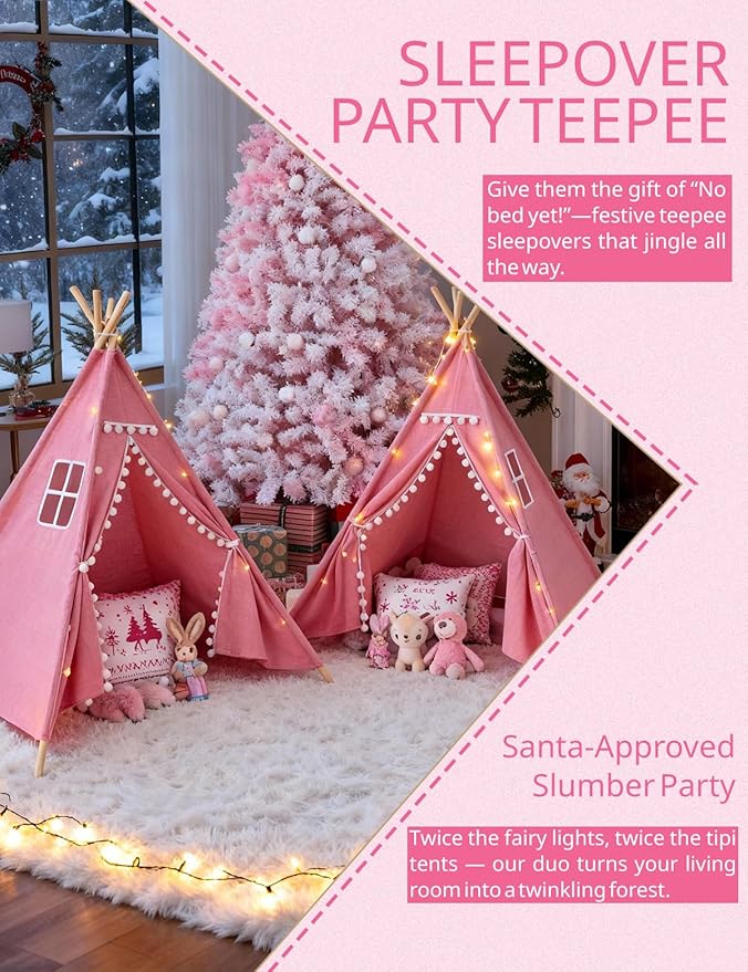 2 Pack Teepee Tent for Kids, Children Play Tents for Girls & Boys Slumber Party, Cotton Canvas Playhouse Sleepover Tent with Pompom & Lights
