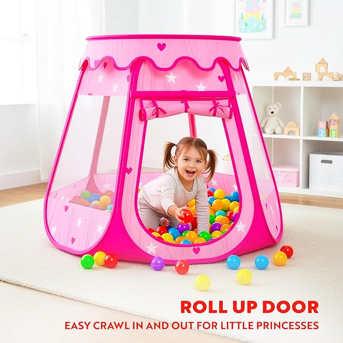 Playz Ball Pit Princess Castle Play Tent for Girls w/ 50 Balls Included - Pop Up Children Play Tent for Indoor & Outdoor Use - Playland Playhouse Tent w/ & Glow in The Dark Stars & Zipper Storage Case