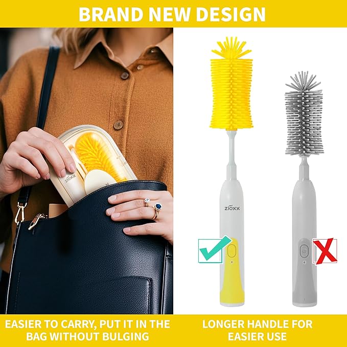 Electric Bottle Brush Cleaner New Upgrade, Portable Electric Baby Bottle Brush Cleaner for Travel, Travel Bottle Cleaner Kit with Nipple & Straw Brush, Perfect Mom Essentials After Birth Gift, Yellow