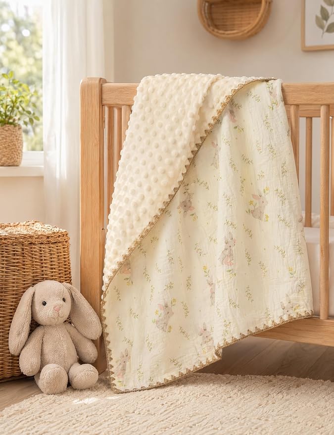 Baby Blanket 40x40 Inches,Muslin Cotton and Minky Dotted Double Layer Soft Receiving Blanket for Newborn Toddler,Meadow Bunny