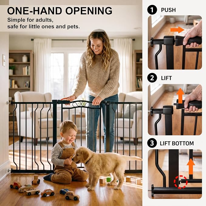 53.1"-62.5" Extra Wide Baby Gate & Dog Gate, Pressure Mounted No Drilling Pet Gate for Doorways & Large Openings, with Walk-Through, Auto-Close & Dual-Direction Swing, Black