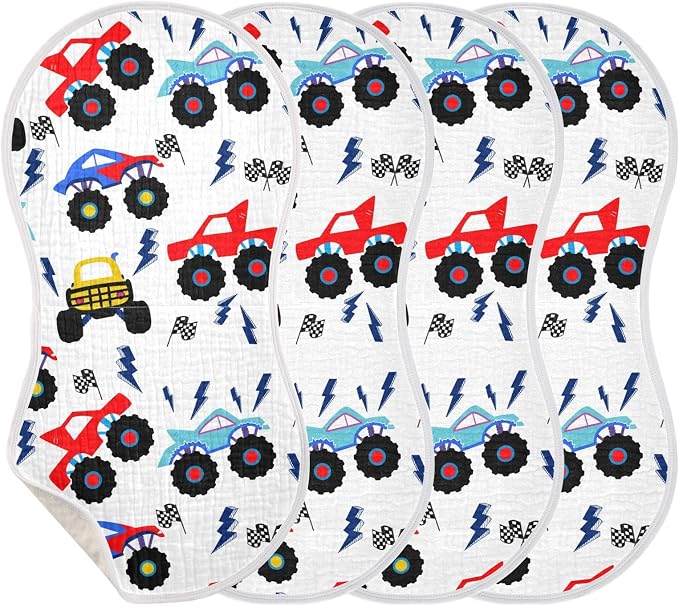vvfelixl Muslin Burp Cloths Monster Truck Cartoon Baby Washcloths for Baby Girl Boys 2 Pack