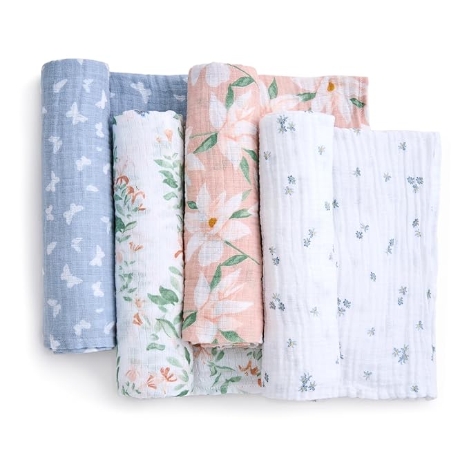 aden + anais Essentials Cotton Muslin Swaddle, Breathable Baby Blanket, Ideal for Boys, Girls, Newborns, Babies & Infants, Receiving Blanket, Soft and Lightweight Wrap, 4 Pack, Butterfly Garden
