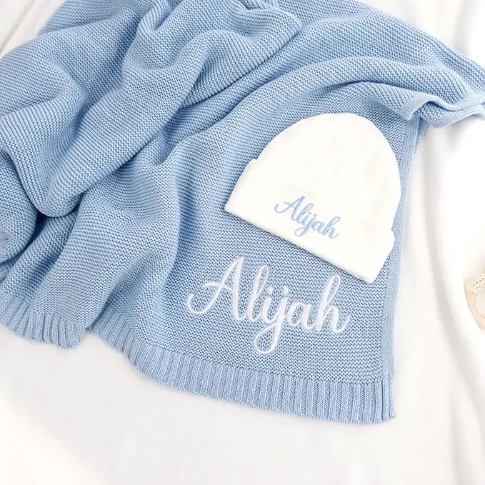 Luxury Personalized Name Knitted Baby Blanket - Embroidered, Soft Breathable Cotton Knit for Newborns - Valentine's Gift for New Moms Baby Boy Girl Birthday Christmas
