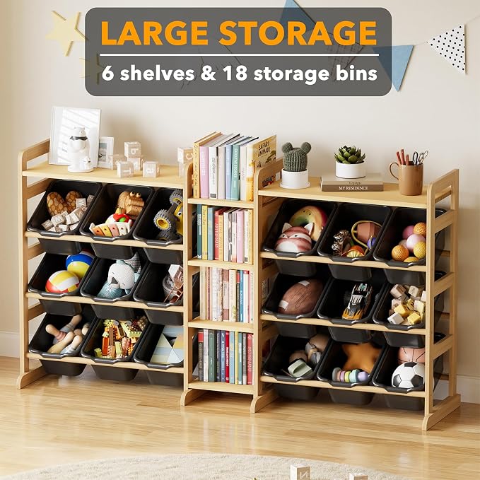 SpaceAid Large Toy Storage Organizer with 6 Shelves and 18 Bins, Book Shelf Organizers Storage Bookshelf, Kids Bin Shelf Box Bookcase for Bedroom Playroom Organization Room Decor, True Black