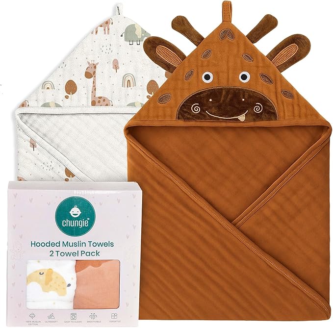 Chungie Soft Muslin Hooded Baby Towels 32x32 inches ??100% Cotton, 6-Layer Breathable Newborn Bath Towels with Hood, Pack of 2 (Printed + Embroidered)