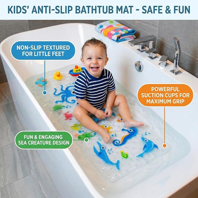 Cute Cartoon Non-Slip Bath Mat for Tub - Anti-Slip Kids Bathtub Mat, Slip-Resistant Shower Mat for Bathroom Safety, 35 X 15.3 Inch, Easy to Clean (Blue Ocean)