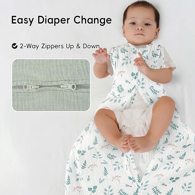 david's kids Muslin Cotton Baby Sleep Sack 18-24 Months, 2 Pack 100% Cotton Sleeping Bag for Summer, TOG 0.5 Baby Wearable Blankets with 2-Way Zipper, Soft Sleep Sacks for Newborn Infant, Forest