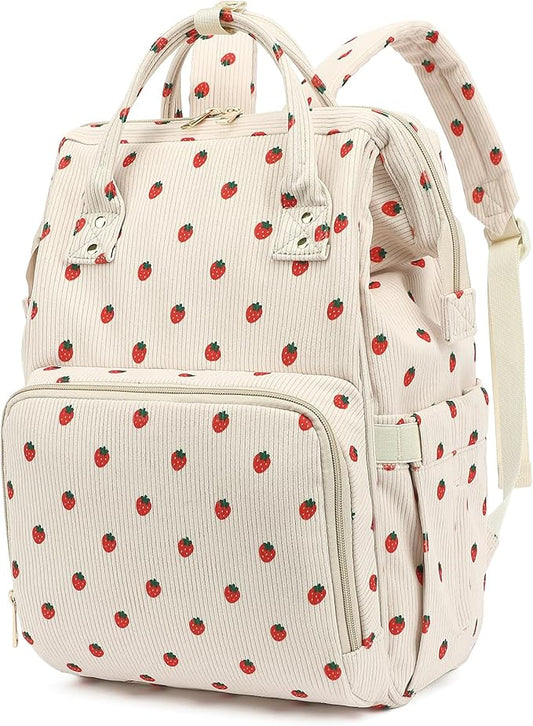 Corduroy Diaper Bag Backpack for Baby Girls Boys, Women Large Nappy Bags for Mom (Beige Corduroy Strawberry)