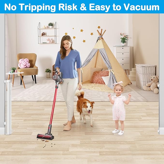 Reinforced 42??Extra Tall X 159??Extra Wide Retractable Gate Indoor Prevent Kids and Pets from Getting Through Tall Retractable Baby Gates for Doorways Pet Gates for Wide Openings Mesh Baby Gate White