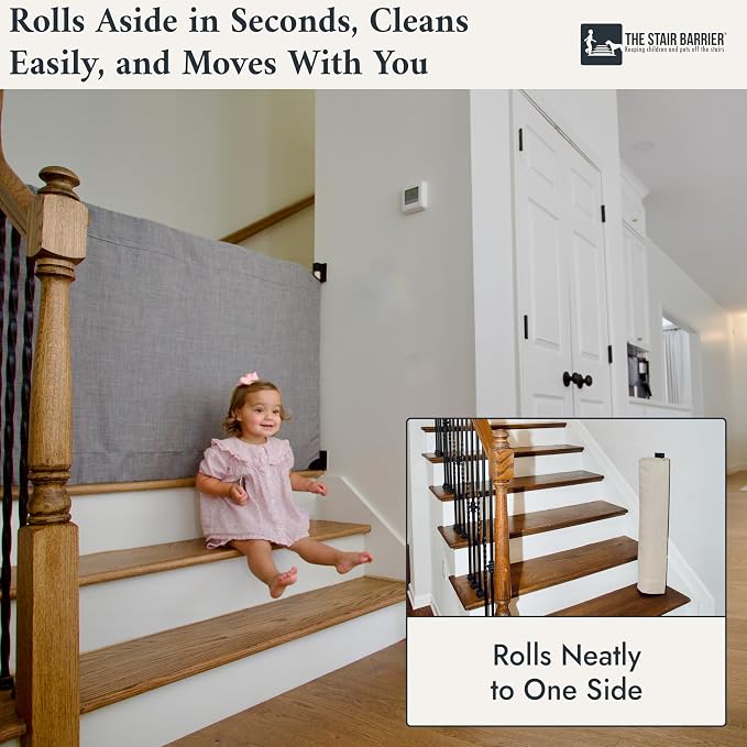The Stair Barrier First Fabric Wall to Banister Baby Gate for Stairs 43”–52” Wide x 32” Tall – Dog Gate for Stairs, for Top or Bottom Staircase, Machine-Washable, Climb Proof, Designed in USA – Grey