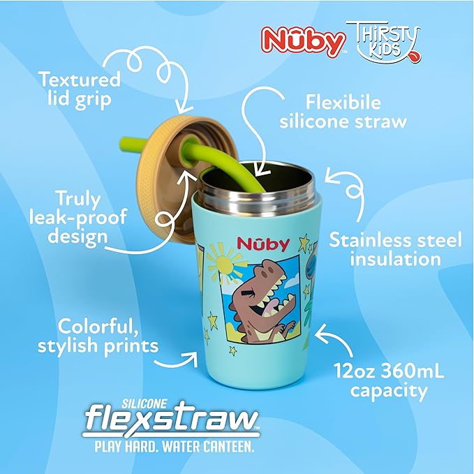Nuby Thirsty Kids Insulated Toddler Cup with Silicone Flexstraw - 12 oz - Stainless Steel and Leak-Resistant - 18+ Months - Dinosaurs