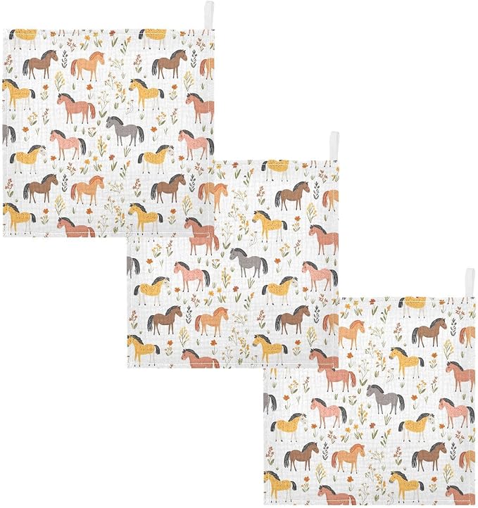 vvfelixl Cartoon Horses Graze Baby Burp Cloths Baby Muslin Washcloths for Boys Girls Cotton Babys Face Towel for Newborn Infants Soft and Absorbent 11.8 X 11.8 in, 5 Pack