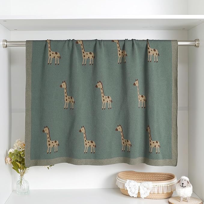 Opewod Soft Cotton Knit Baby Blanket with Cute Deer Print 40x30in Newborn Receiving Blanket Swaddle Cuddle Blanket for Crib, Stroller, or Nursery for Infants & Toddlers Dark Green