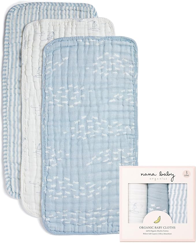 Nana Baby Burp Cloths – 100% Organic Cotton, Oversized & Hypoallergenic, 8-Layer Muslin, Machine Washable, Neutral Unisex Colors, Gentle on Sensitive Skin, Set of 3 (Blue)
