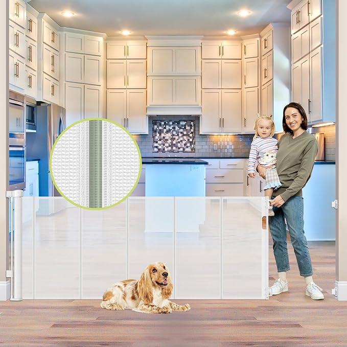 Reinforced 80 Inch Extra Wide Retractable Baby Gate with Support Rods, Indoor/Outdoor Retractable Pet Gates for Wide Openings, 33??Tall Mesh Dog Gate Indoor Extra Long Baby Gates for Decks, White