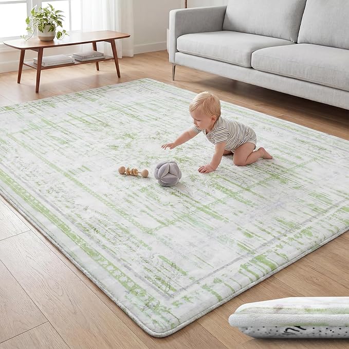 Huloo Sleep Baby Play Mat for Floor - 79x59 Inches 1.3" Thick Elasti-Foam Playpen Mat for Toddlers Infant Kids, Water-Repellent Nursery Rug, Non-Slip Backing for Crawling & Tummy Time, Sage & Blush