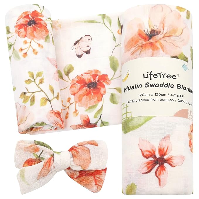 LifeTree Baby Muslin Swaddle Blankets for Boys & Girls, Newborn Swaddle Set with Matching Headband Bow, Infant Blanket Wrap, 47 x 47 inches, Butterfly Floral, 70% Viscose from Bamboo and 30% Cotton