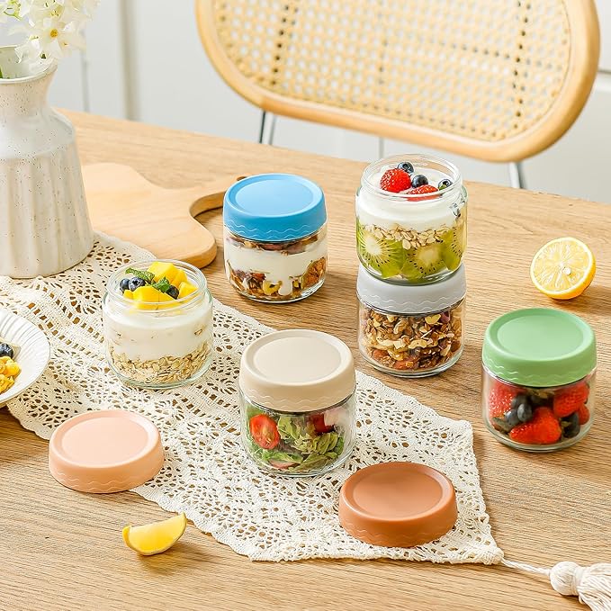 DRKIO 10 Oz Overnight Oats Containers with Lids - 6 Pack Glass Storage Jars with Airtight Lids Wide Mouth Mason Food Jars Great for Meal Prep Salad Chia Pudding Snacks Yogurt Sugar Spice Cereal