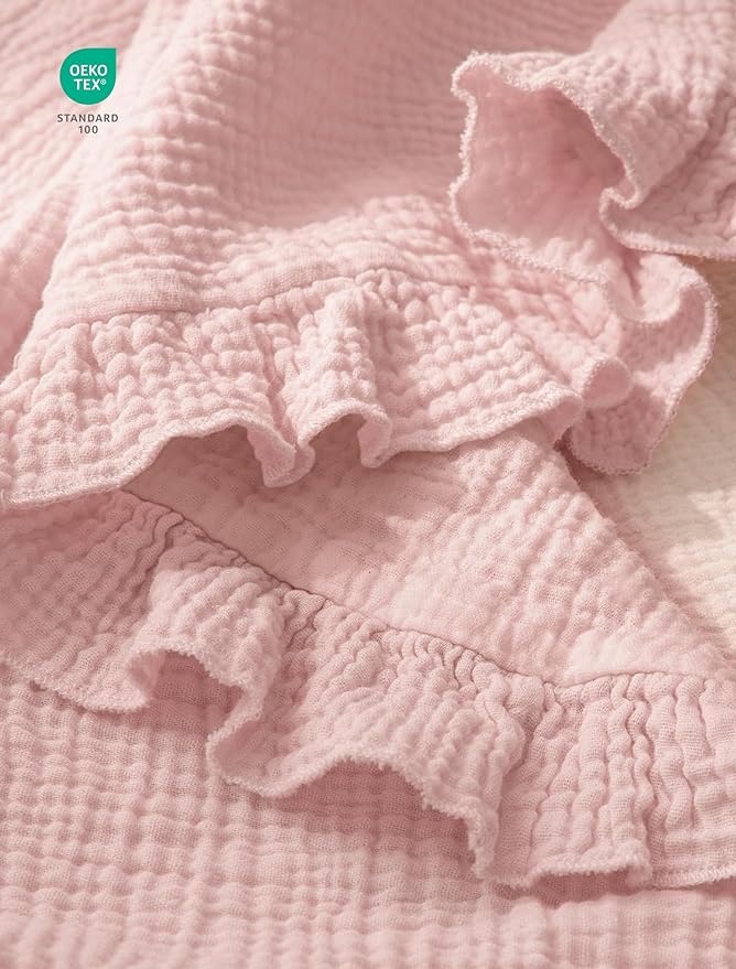 lulumoon Ruffle Baby Blanket for Girls: Soft Muslin Cotton Newborn Photo Backdrop - Lightweight Crib Blanket for Nursery Decor & Baby Registry Gift 40"x36"(Pink)