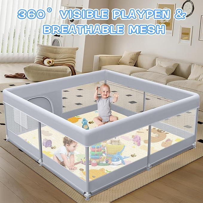 XVISHX Baby Playpen with Mat, 50 x 50 Inch Play Pen Playards, Playpen for Babies and Toddlers, Baby Playard for Indoor & Outdoor Active Center Game Fence, Skin-Friendly Fabric and Soft Breathable Mesh