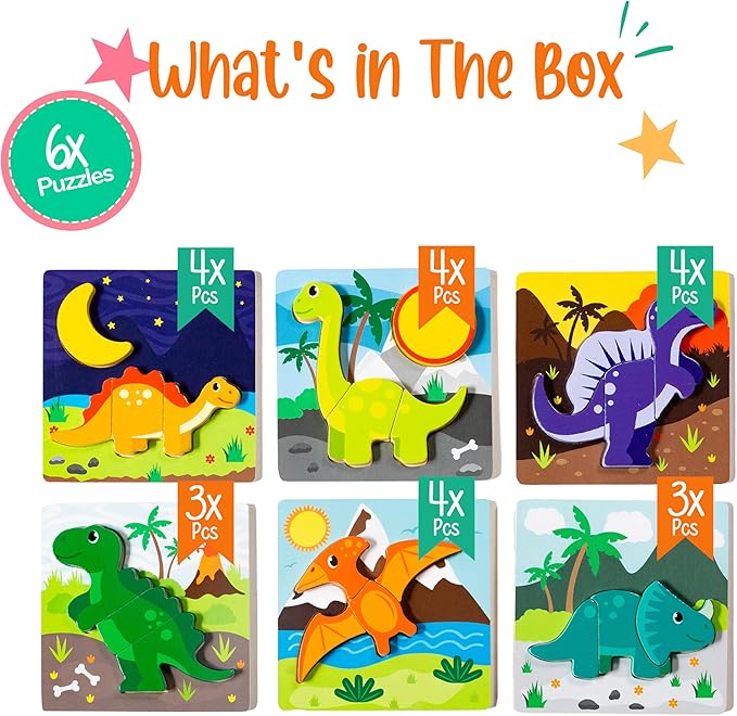 Klevly 6 PK Dinosaur Wooden Toddler Puzzles Ages 2-4 | Wooden Puzzles for Toddlers 18 Months to 3 Yrs | Montessori Toys for 2 Year Old | Learning Toys for 2+ Year Olds
