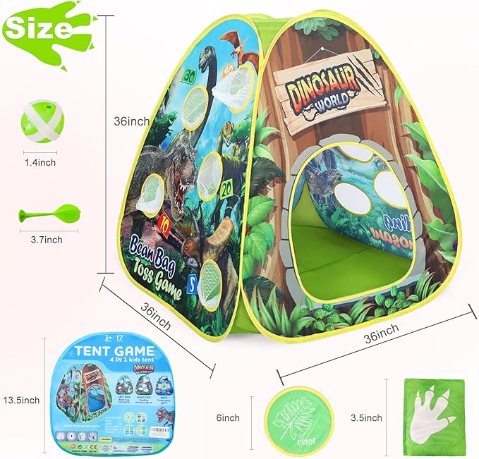 Dinosaur Kids Play Tent Indoor: Boys & Girls Playhouse Tents Indoor Outdoor - 4in1 Dinosaur Tent with-Dart Board & Bean Bag Toss Games