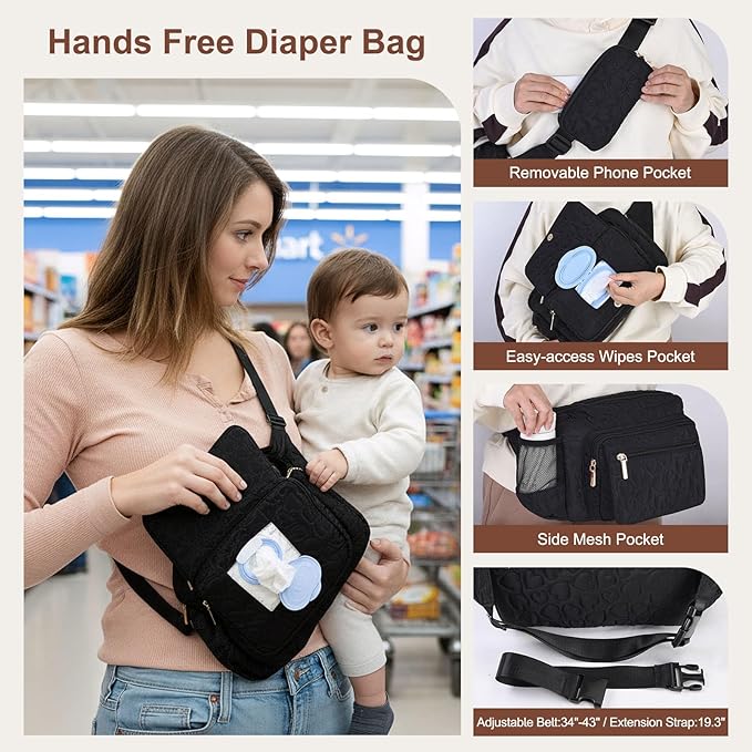 Rexmore Puffer Quilted Fanny Pack Diaper Bag for Mom - Women?˜s Compact Crossbody Purse with Portable Changing Pad & Wipes Pouch, Travel & Quick Errand Baby Essentials Organizer(Black)