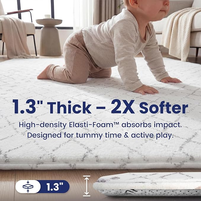 Huloo Sleep Baby Play Mat for Floor - 79x59 Inches 1.3" Thick Elasti-Foam Playpen Mat for Toddlers Infant Kids, Water-Repellent Nursery Rug, Non-Slip Backing for Crawling & Tummy Time, Grey Diamond