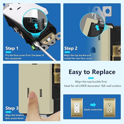 LIDER Interchangeable Face Cover for Decorator Receptacle (LR15-TR), Modern Upgrade, Personalized Colors, Six Outlet Face Covers, White, Black, Gray, Ivory, Light Almond, Brown, 6 Pack