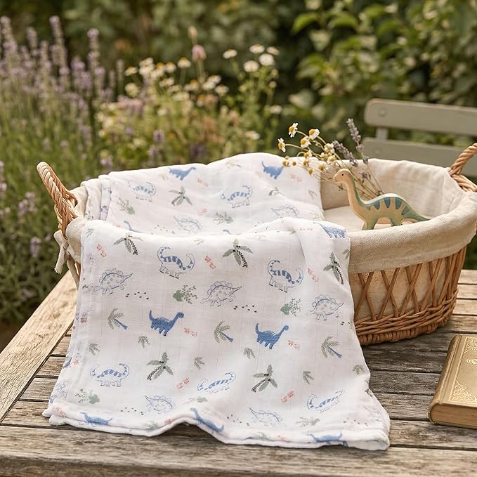 GLLQUEN BABY Receiving Blanket Boy Cotton Muslin Swaddle Blankets Girl Newborn Squares Breathable & Soft Thin Baby Blankets Cloths Double Absorbent Infant Swaddling Wrap - 6 Pack (Dinosaur)