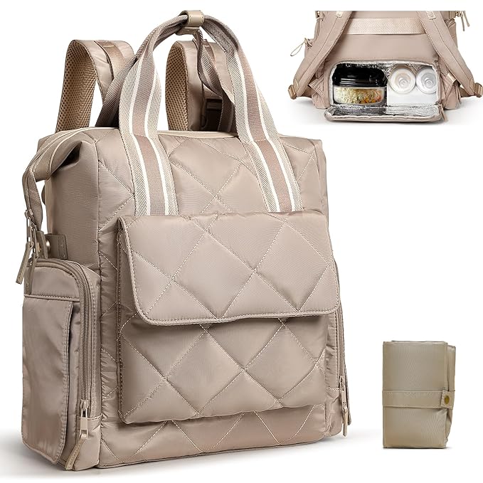 Omanmoli Diaper Bag Backpack Quilted Baby Diaper Bag Lunch Backpack Pañaleras Para Bebe for Working Moms with 11 Pouches,Large Insulated Cooler Compartment,Stroller Straps,Changing Pad,Khaki