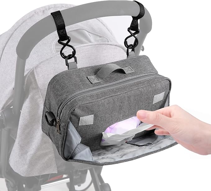TRENDPLAY Small Diaper Bag Stroller Bag Diaper Organizer Caddy for Diapers with Insulated Pocket, Stroller Straps and Adjustable Shoulder Strap,Universal Fit Most Strollers, Gray