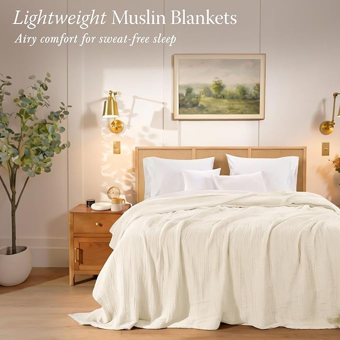 Threadmill King Size Muslin Blanket |Pre Washed 4 Layer Lightweight Gauze for All Seasons | Soft, Breathable, and Cozy Picnic Blankets| Pre Washed Summer Blanket Fits Cal King Size Bed | Natural