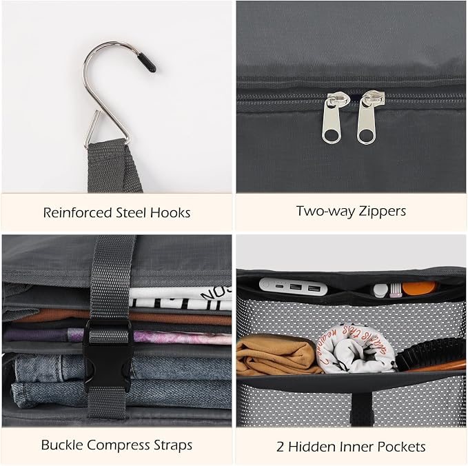 Surblue Hanging Closet Storage Bag Collapsible 3-Shelf Washable Oxford Fabric with 2 Hooks (L 11.41 * 11.41 * 19.68in, Grey)