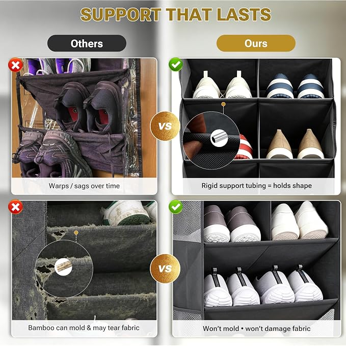 6 Tier Hanging Shoe Organizer – 100D Extra Thick Deep Pockets, Shoe Rack for Closet, Shoe Rack for Entryway, Shoe Organizer for Closet, Over the Door Shoe Organizer with 4 Side Pockets (Transparent)