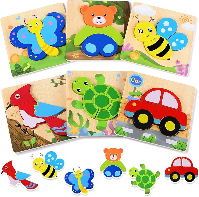 Magifire Wooden Puzzles, Set of 6 Puzzle Toys for Kids Toddlers 1–3, Baby Educational Animal Toys with Chunky Pieces & Bag - Butterfly, Bee, Woodpecker, Bear, Car, Turtle