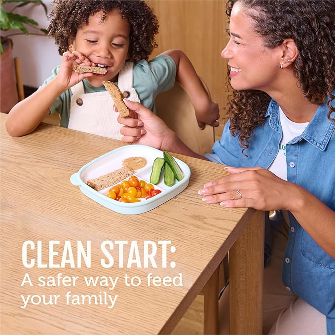 Ello Clean Start Toddler Breakfast Plate 2 Pack | BPA-Free Ceramic Plates with Divider & Silicone Sleeve for Babies/Toddlers| Microwave & Dishwasher Safe | High Chair Friendly | Quiet Tide/Tech Blue