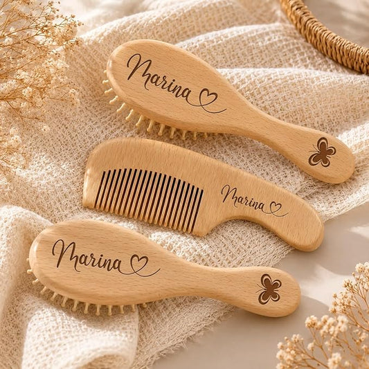 Custom Engraved Name Wooden Baby Brush And Comb Set For Newborns, Personalized Baby Shower Keepsake Gift, Soft Goat Bristle Hairbrush For Toddler Boys & Girls