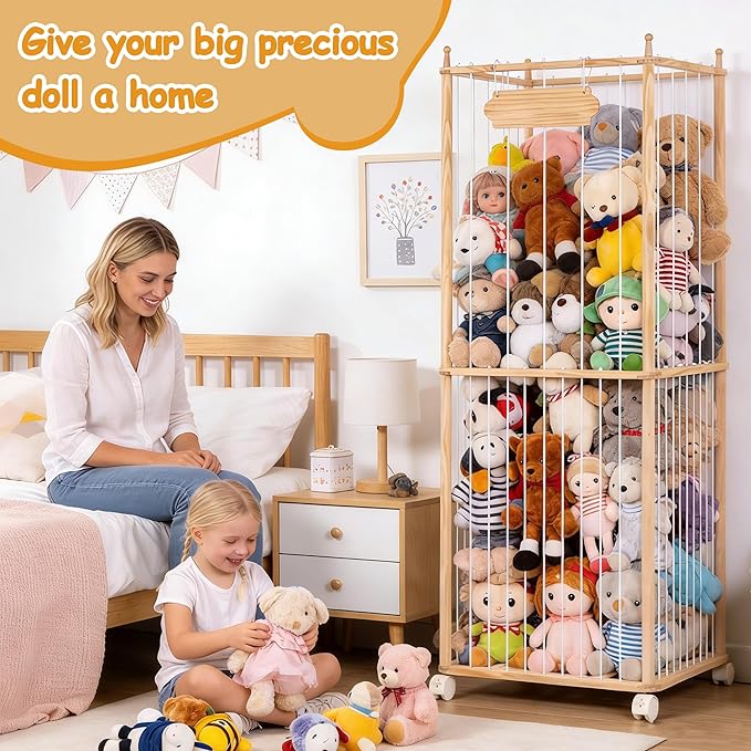 TANONE Stuffed Animal Toy Storage - Wooden Large Organizer Holder for Kids' Room and Playroom - Plush Zoo Animals Holder with Elastic Cords & Brake Wheel for Toddler Bedroom Toys Stuff Organization