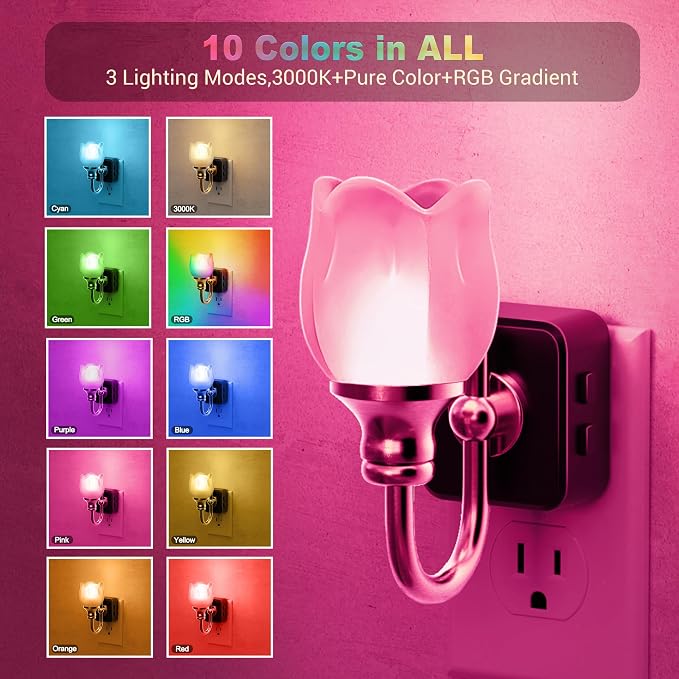 JandCase Night Light, Night Lights Plug into Wall, Glass Tulip LED Nightlight, Color Changing Dimmable Flower Nightlights, Dusk to Dawn Sensor, 180° Rotating Vintage Nite Light for Bathroom Gift Decor