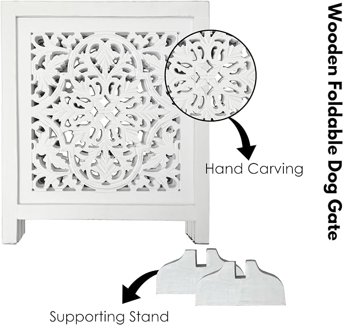 Decorative Wooden Dog Gate, Free Standing Folding Pet Fence 3 Panel, 60x24 Inch Dog Barrier for Doorway or Hallway, Daisy Design, Antique White Finish