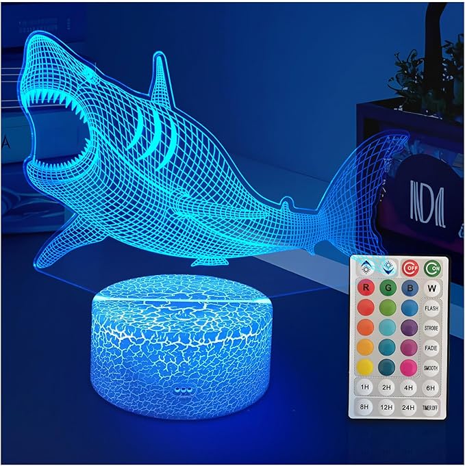 Shark Gifts for Shark Lover, 3D Nursery Night Light Lamp, Multi Color Change Timer Dimmalbe Remote Control, Bedroom Megalodon Theme Decor, Birthday Gift for Boy Girl Kids Teens Women Men
