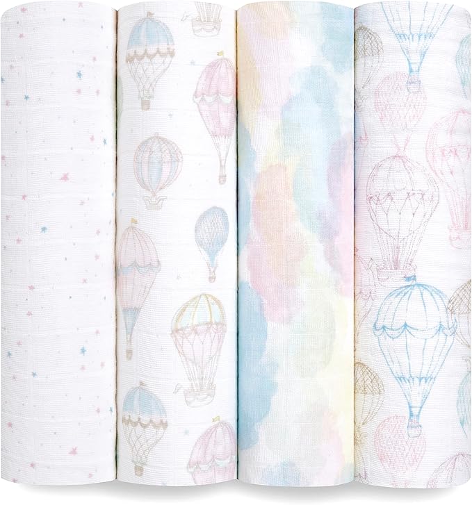 aden + anais Boutique Organic Swaddle Blanket 4-Pack – 100% Organic Cotton Muslin, Large, Soft, Breathable Receiving Blankets for Infants – Lightweight Multi-Use Baby Swaddles, Above The Clouds