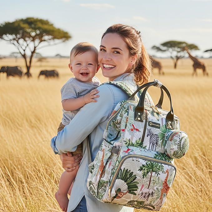 Tropical Rainforest Diaper Bag Backpack,Animal Nappy Backpack with Coin Bag USB Charging Port Stroller Straps and Insulated Pocket For Women/Mom/Travel (Animal Pattern)
