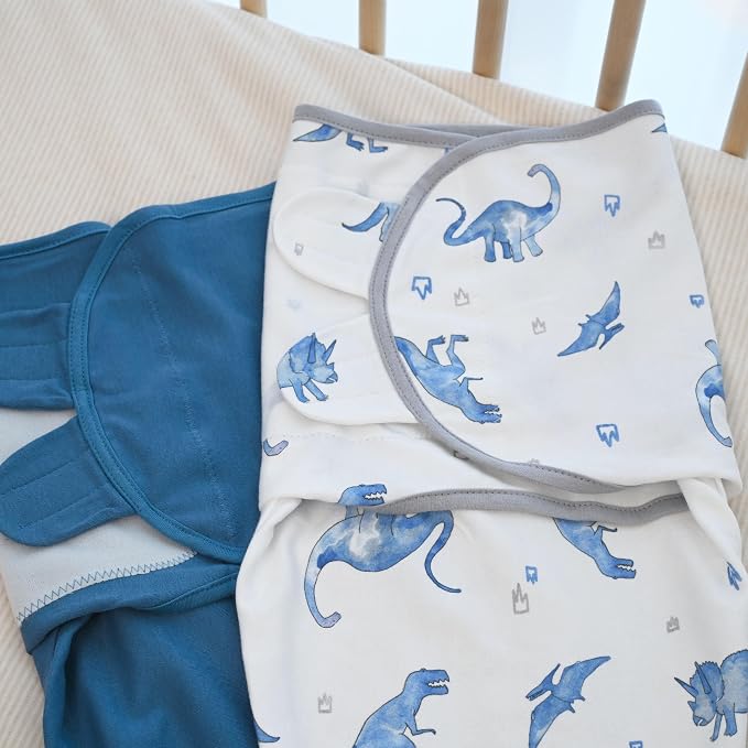 Baby Swaddles for Newborn Organic Cotton,Soft & Snug Newborn Velcro Swaddle 3-6 Months Sleep Sack Helps Calm Startle Reflex, 2-Pack Wrap Nursery Swaddling Blankets Blue Dinosaur