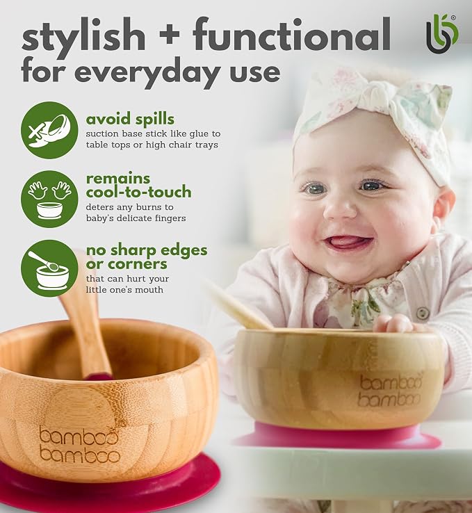 Suction Bowl for Baby, Bamboo Baby Bowl and Spoon Set with Removable Food-Grade Silicone Suction Cup for Kids – Safe, Sturdy, Non-Toxic Toddler Suction Bowl for Baby-Led Self-Weaning (Cherry Bundle)