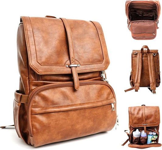 Citi Collective Navigator Saddle Brown Diaper Bag Backpack -Premium Vegan Leather- Compact Spacious Design With Insulated Pockets and Stroller Clips
