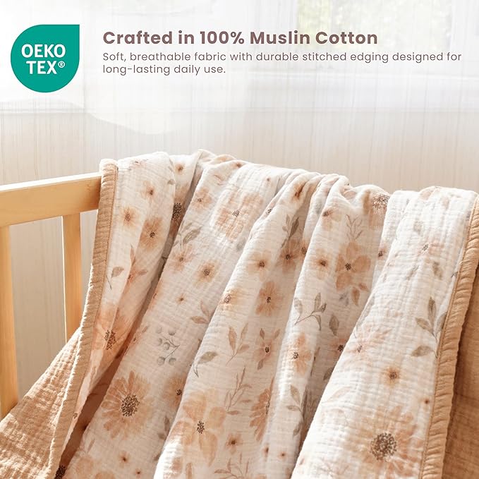 Konssy Muslin Baby Blankets for Girls Boys 47"x47", 100% Cotton Crib Blanket for Infant Toddler, Super Soft and Lightweight Nursery Swaddling Wrap (Flourish)