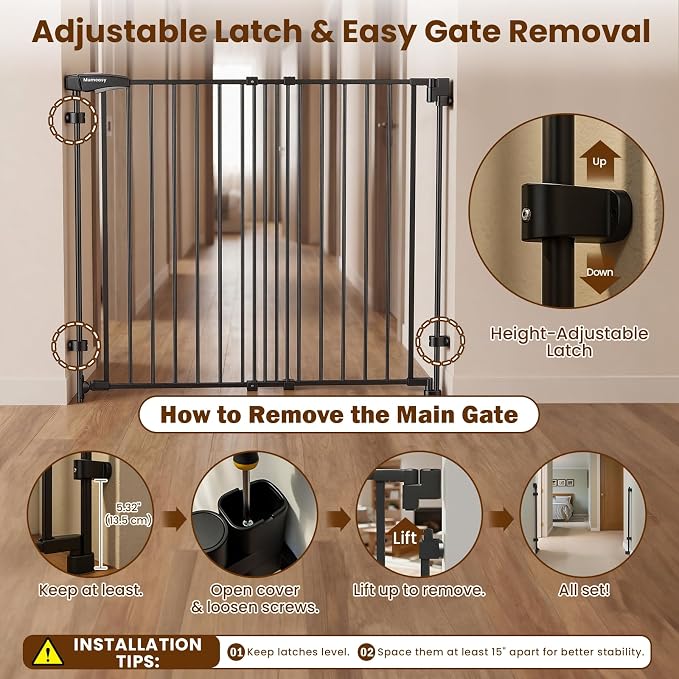Mumeasy 36" Tall Baby Gate for Stairs, 29.5-43.3" Expandable Hardware Mounted (Drill Needed), Removable No Bottom Bar Dog Gate, Auto Close Wide Walk Thru Safety Gate for Doorways, Pets& Toddlers,Black